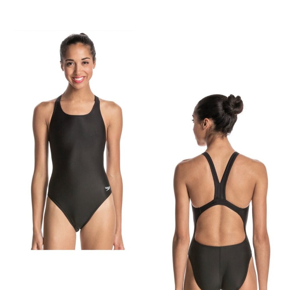 NEW Speedo Womens Solid Power FLEX Eco One Piece Black Swimsuit Size 30/4